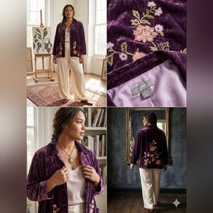 Artsy and Chic J.Jill Plum Velvet Embroidered Button-Front Jacket